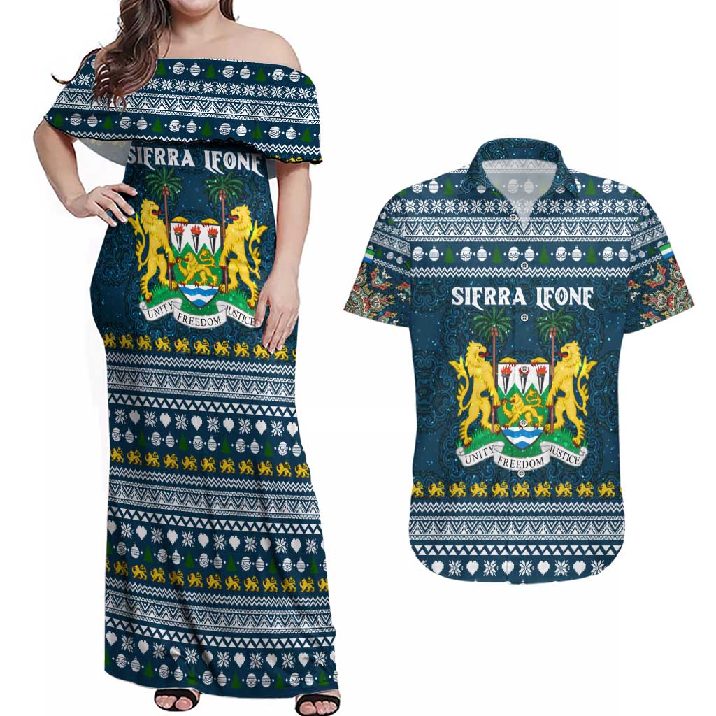 Sierra Leone Christmas Couples Matching Off Shoulder Maxi Dress and Hawaiian Shirt with Ornamental Pattern, National Coat of Arms, and Festive Motif - Wonder Print Shop