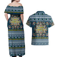 Sierra Leone Christmas Couples Matching Off Shoulder Maxi Dress and Hawaiian Shirt with Ornamental Pattern, National Coat of Arms, and Festive Motif - Wonder Print Shop