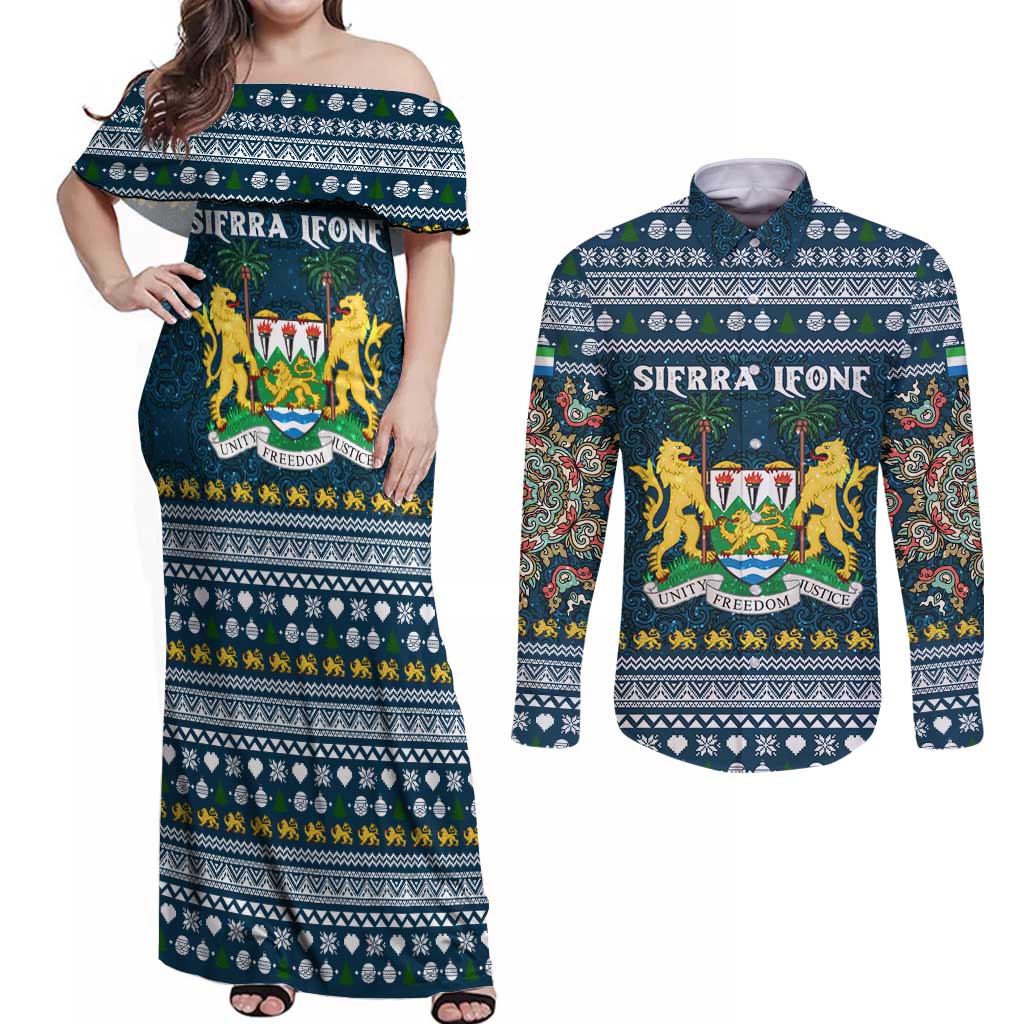 Sierra Leone Christmas Couples Matching Off Shoulder Maxi Dress and Long Sleeve Button Shirt with Ornamental Pattern, National Coat of Arms, and Festive Motif - Wonder Print Shop