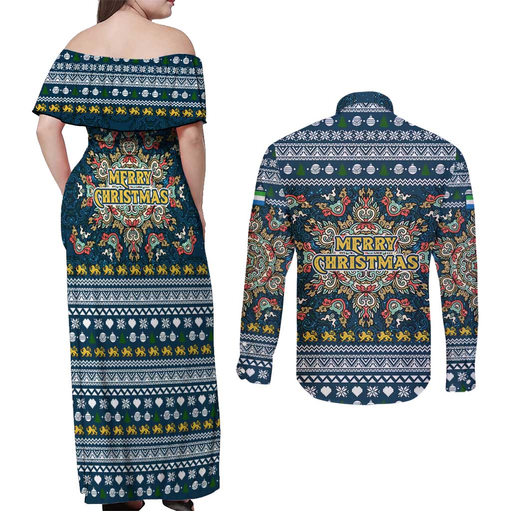 Sierra Leone Christmas Couples Matching Off Shoulder Maxi Dress and Long Sleeve Button Shirt with Ornamental Pattern, National Coat of Arms, and Festive Motif - Wonder Print Shop