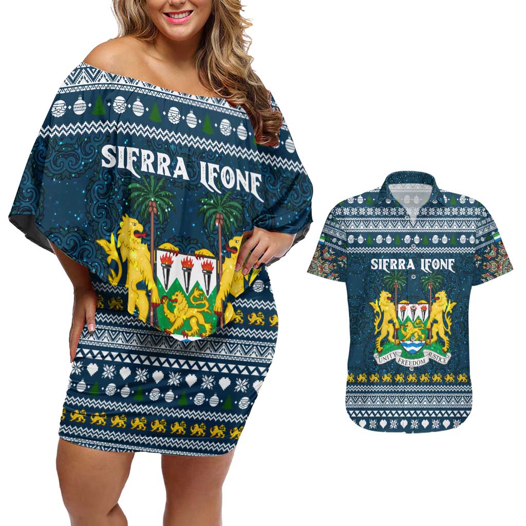Sierra Leone Christmas Couples Matching Off Shoulder Short Dress and Hawaiian Shirt with Ornamental Pattern, National Coat of Arms, and Festive Motif - Wonder Print Shop