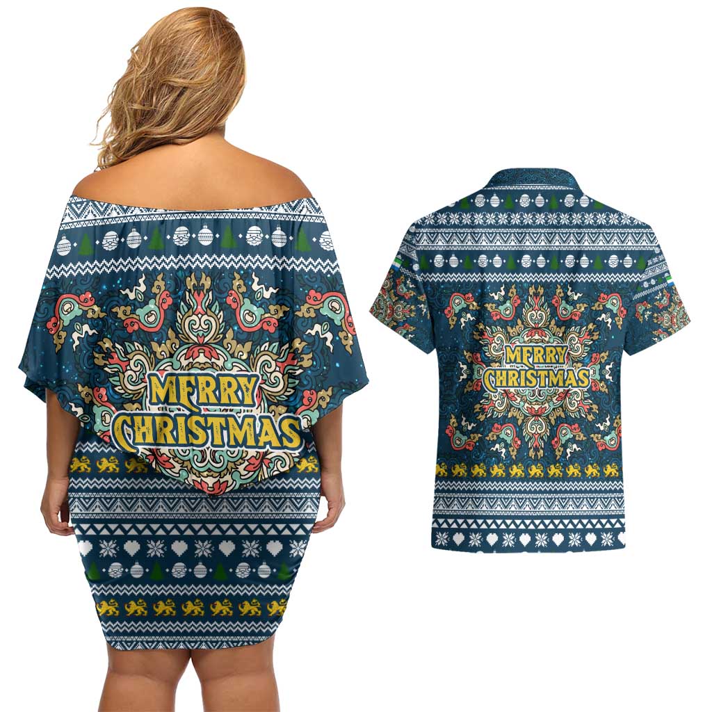 Sierra Leone Christmas Couples Matching Off Shoulder Short Dress and Hawaiian Shirt with Ornamental Pattern, National Coat of Arms, and Festive Motif - Wonder Print Shop