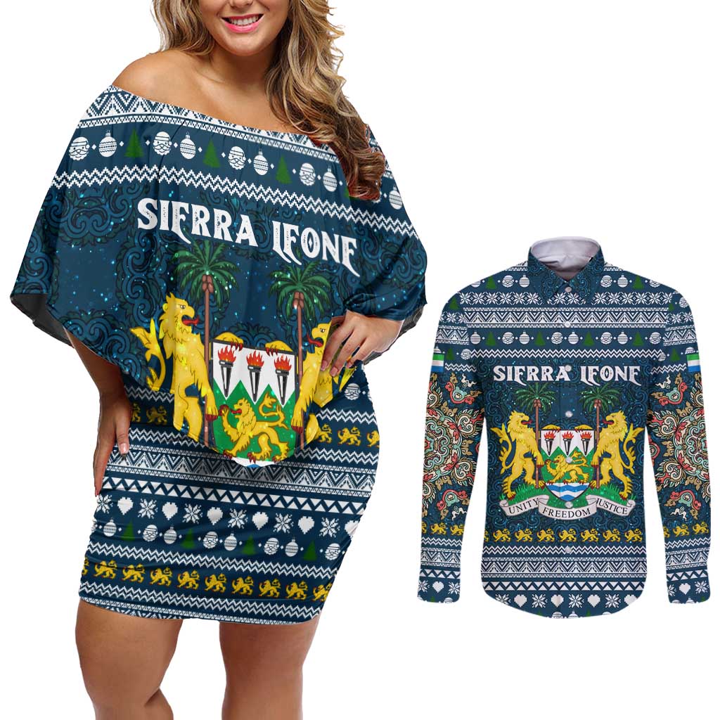 Sierra Leone Christmas Couples Matching Off Shoulder Short Dress and Long Sleeve Button Shirt with Ornamental Pattern, National Coat of Arms, and Festive Motif - Wonder Print Shop
