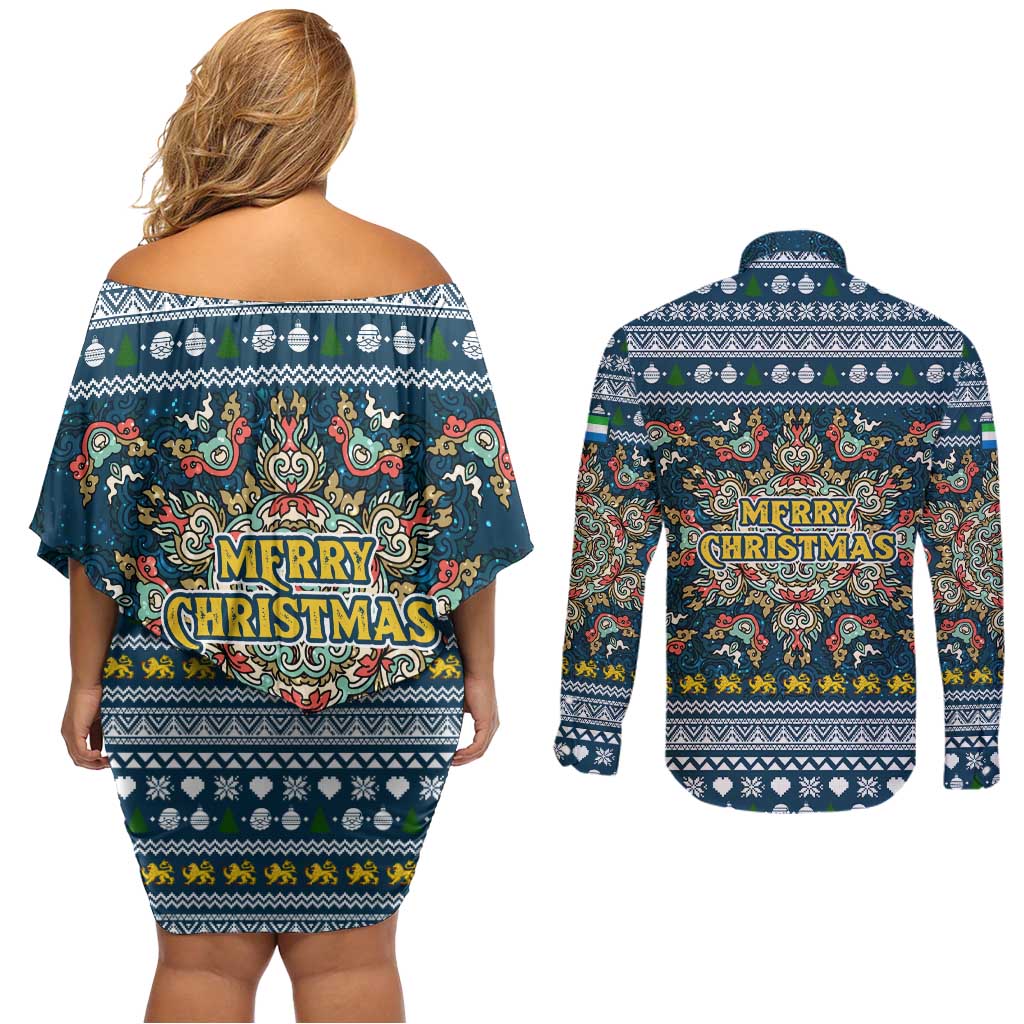 Sierra Leone Christmas Couples Matching Off Shoulder Short Dress and Long Sleeve Button Shirt with Ornamental Pattern, National Coat of Arms, and Festive Motif - Wonder Print Shop