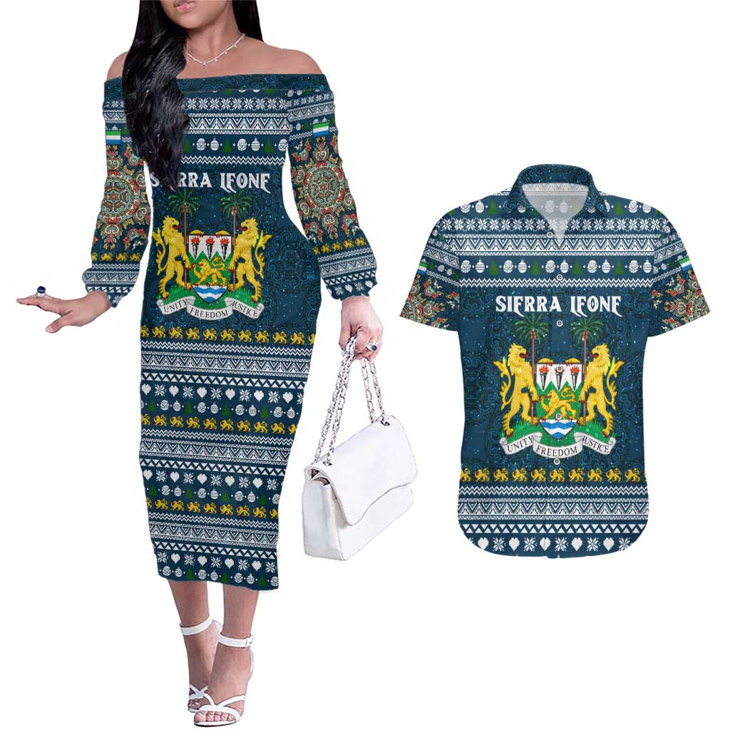 Sierra Leone Christmas Couples Matching Off The Shoulder Long Sleeve Dress and Hawaiian Shirt with Ornamental Pattern, National Coat of Arms, and Festive Motif - Wonder Print Shop