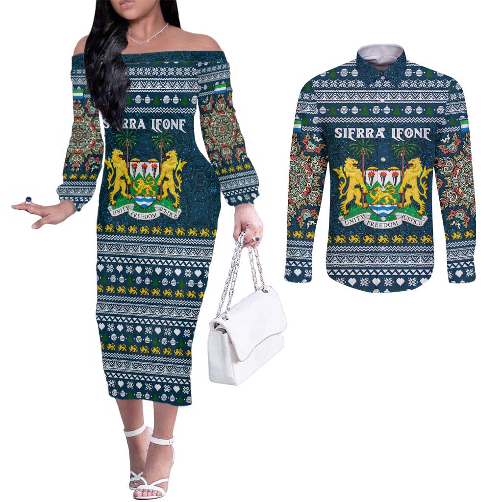 Sierra Leone Christmas Couples Matching Off The Shoulder Long Sleeve Dress and Long Sleeve Button Shirt with Ornamental Pattern, National Coat of Arms, and Festive Motif - Wonder Print Shop