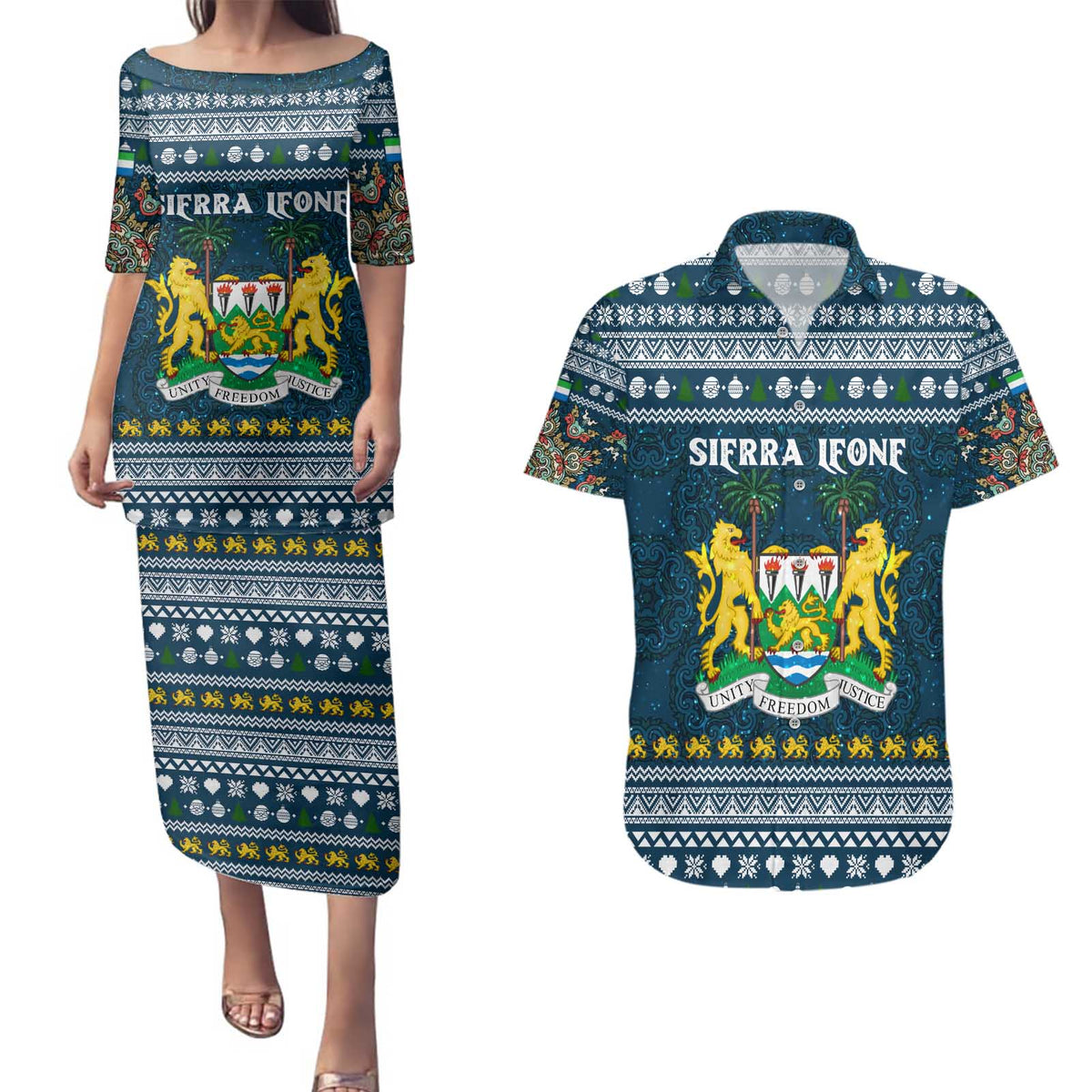 Sierra Leone Christmas Couples Matching Puletasi and Hawaiian Shirt with Ornamental Pattern, National Coat of Arms, and Festive Motif - Wonder Print Shop