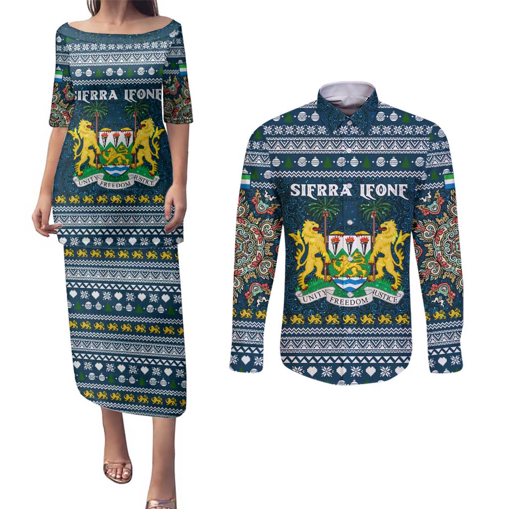 Sierra Leone Christmas Couples Matching Puletasi and Long Sleeve Button Shirt with Ornamental Pattern, National Coat of Arms, and Festive Motif - Wonder Print Shop