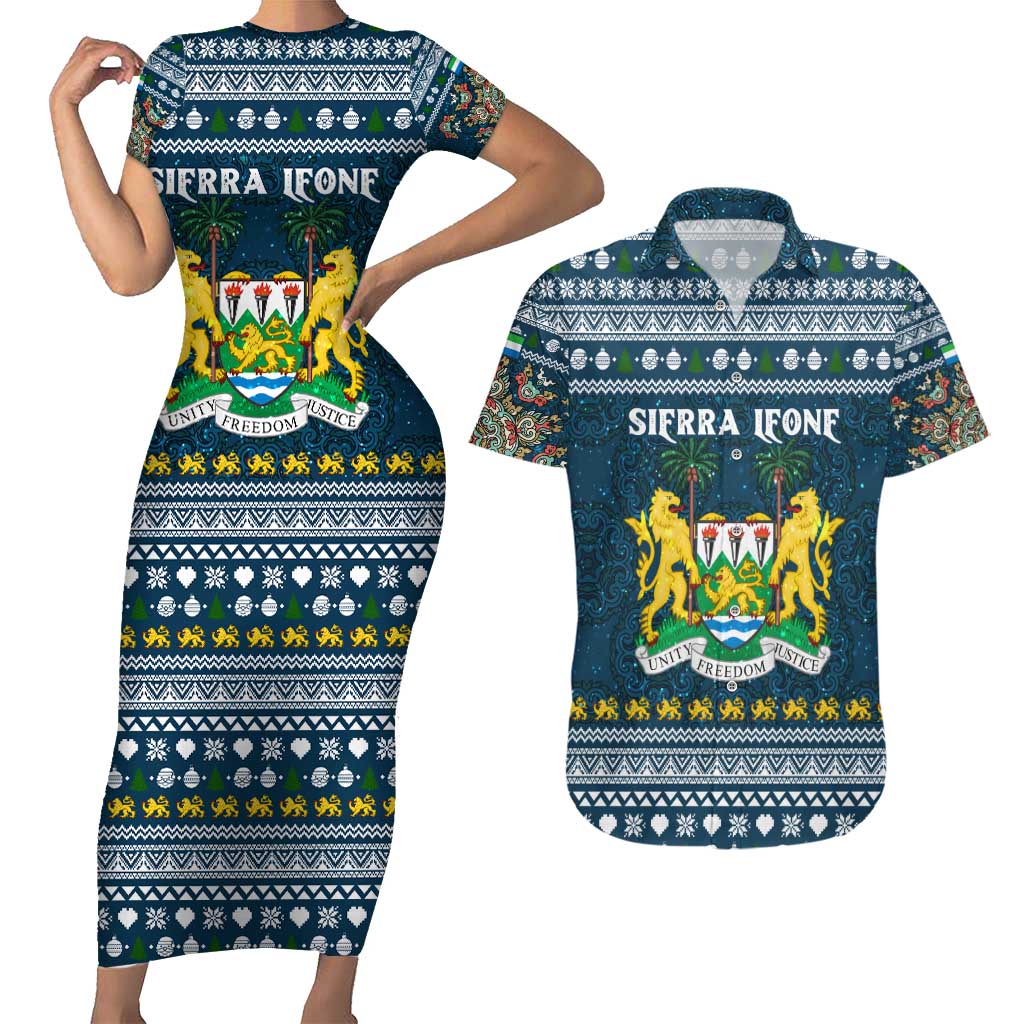 Sierra Leone Christmas Couples Matching Short Sleeve Bodycon Dress and Hawaiian Shirt with Ornamental Pattern, National Coat of Arms, and Festive Motif - Wonder Print Shop