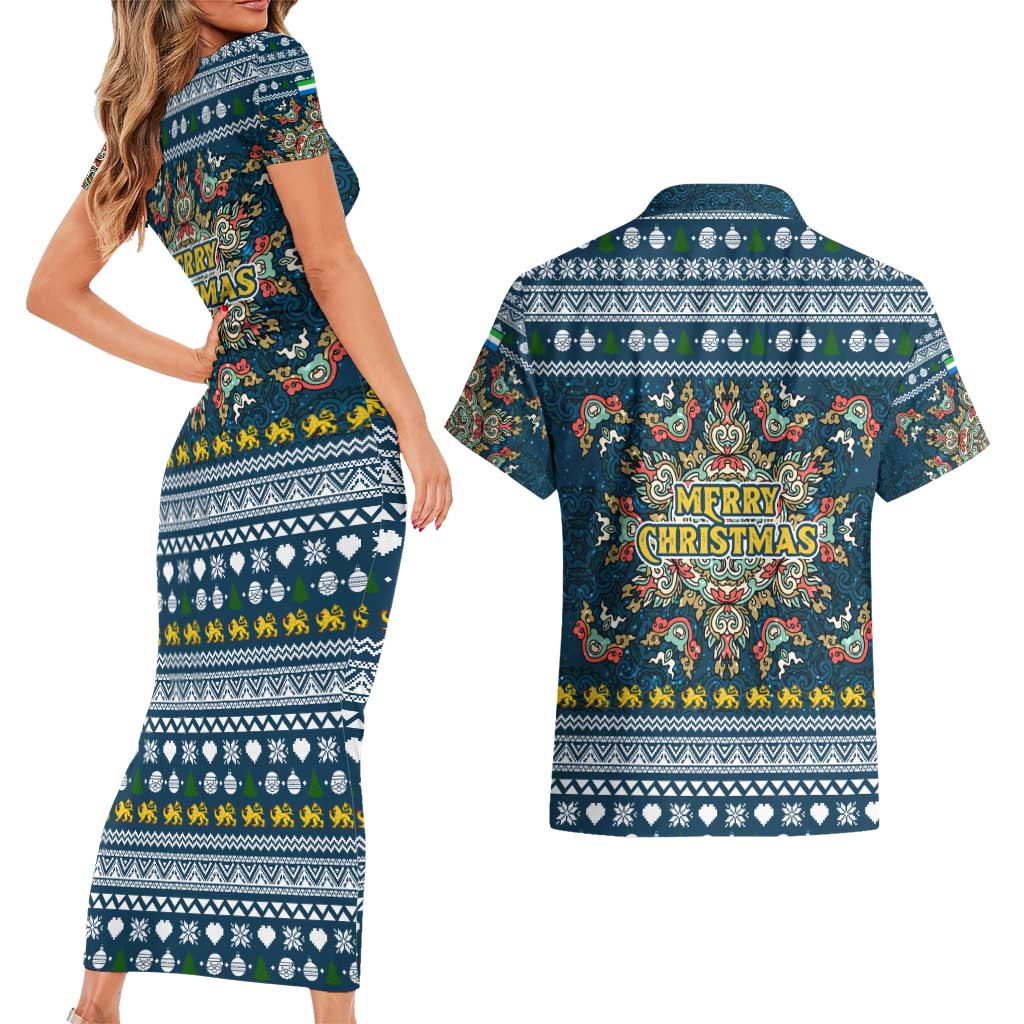 Sierra Leone Christmas Couples Matching Short Sleeve Bodycon Dress and Hawaiian Shirt with Ornamental Pattern, National Coat of Arms, and Festive Motif - Wonder Print Shop
