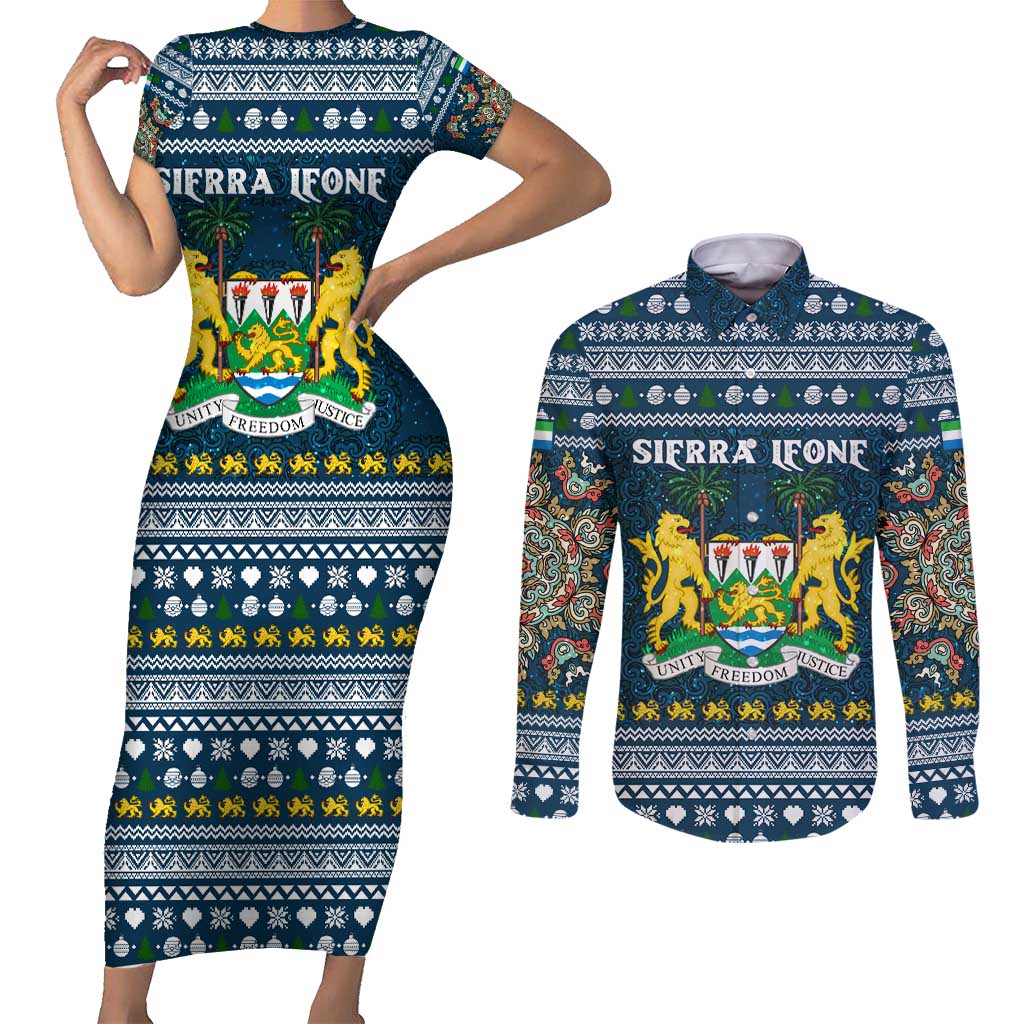 Sierra Leone Christmas Couples Matching Short Sleeve Bodycon Dress and Long Sleeve Button Shirt with Ornamental Pattern, National Coat of Arms, and Festive Motif - Wonder Print Shop