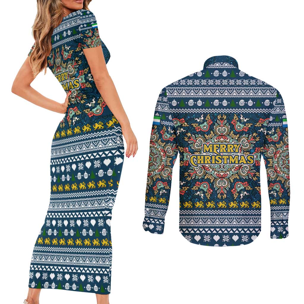 Sierra Leone Christmas Couples Matching Short Sleeve Bodycon Dress and Long Sleeve Button Shirt with Ornamental Pattern, National Coat of Arms, and Festive Motif - Wonder Print Shop