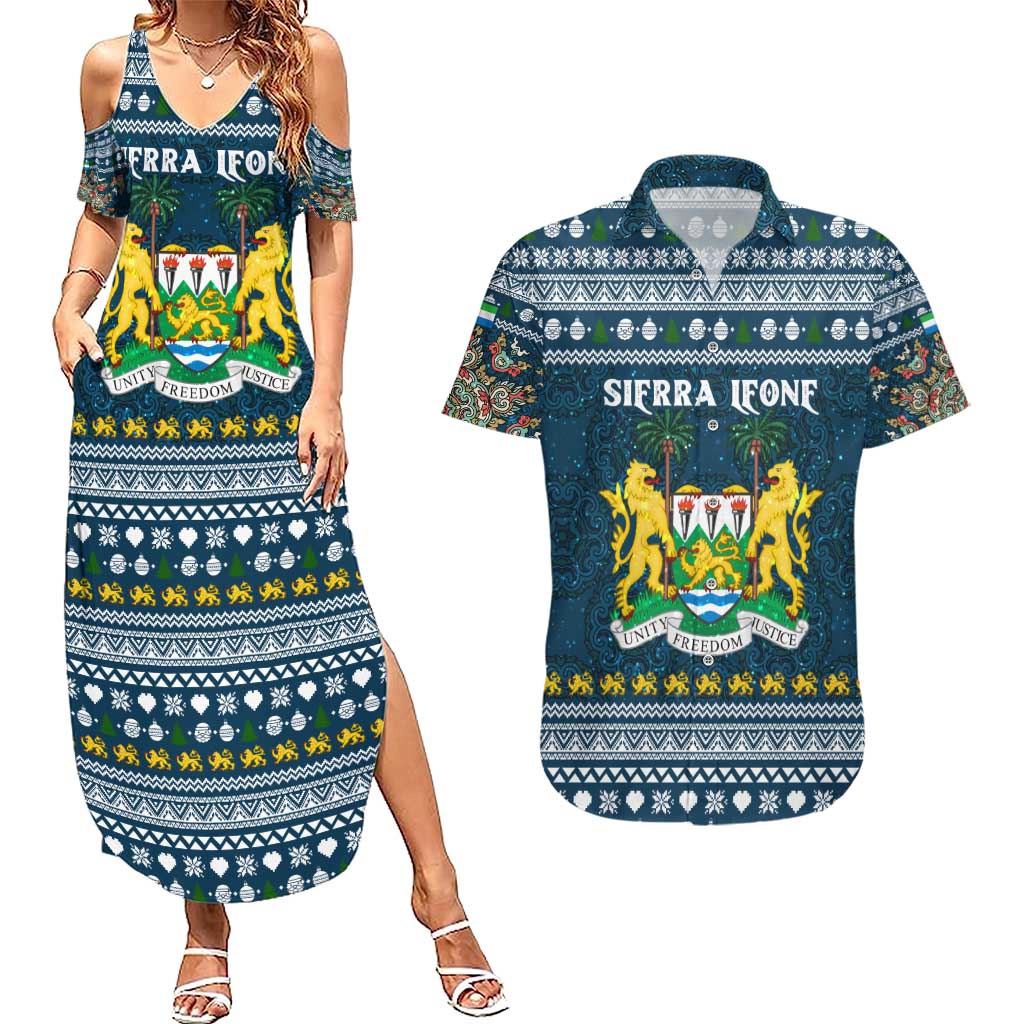 Sierra Leone Christmas Couples Matching Summer Maxi Dress and Hawaiian Shirt with Ornamental Pattern, National Coat of Arms, and Festive Motif - Wonder Print Shop