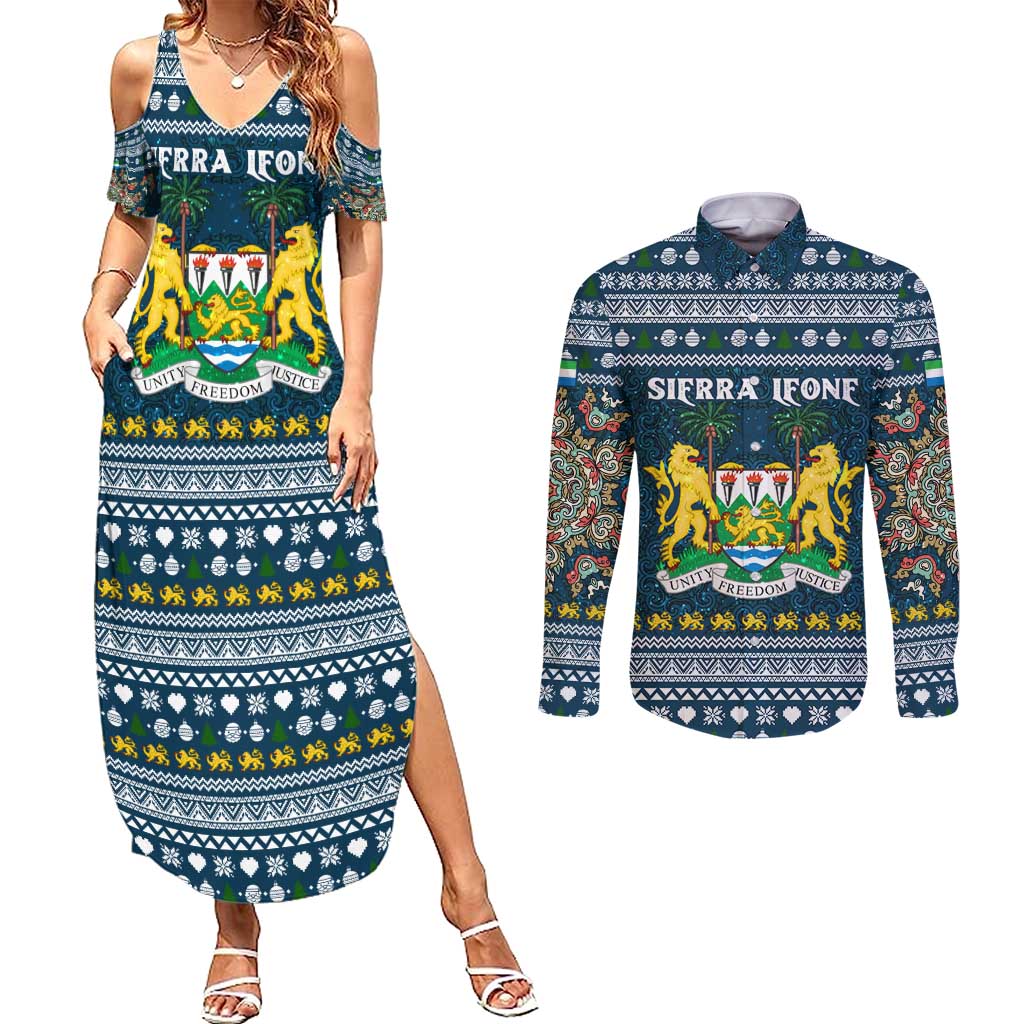 Sierra Leone Christmas Couples Matching Summer Maxi Dress and Long Sleeve Button Shirt with Ornamental Pattern, National Coat of Arms, and Festive Motif - Wonder Print Shop
