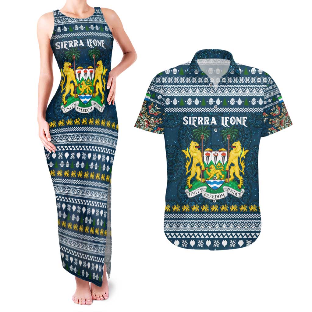 Sierra Leone Christmas Couples Matching Tank Maxi Dress and Hawaiian Shirt with Ornamental Pattern, National Coat of Arms, and Festive Motif - Wonder Print Shop