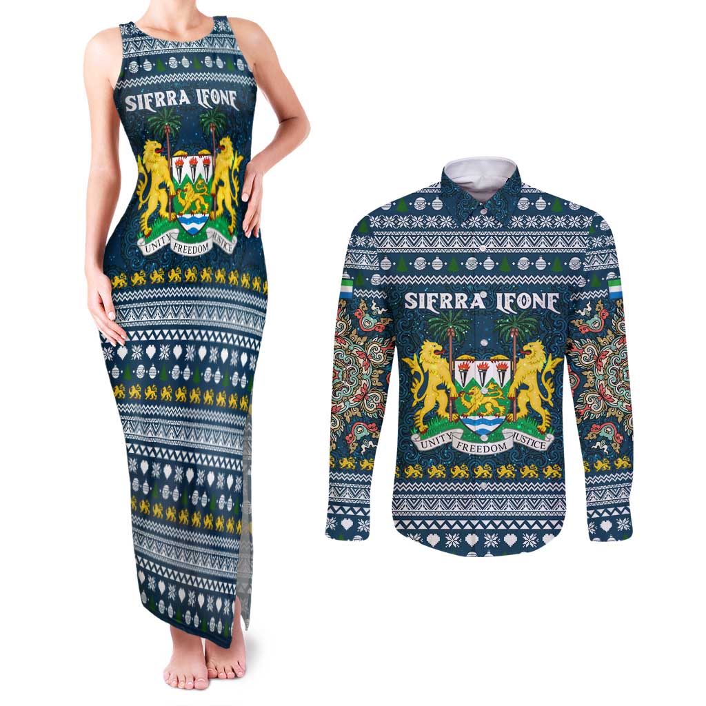 Sierra Leone Christmas Couples Matching Tank Maxi Dress and Long Sleeve Button Shirt with Ornamental Pattern, National Coat of Arms, and Festive Motif - Wonder Print Shop