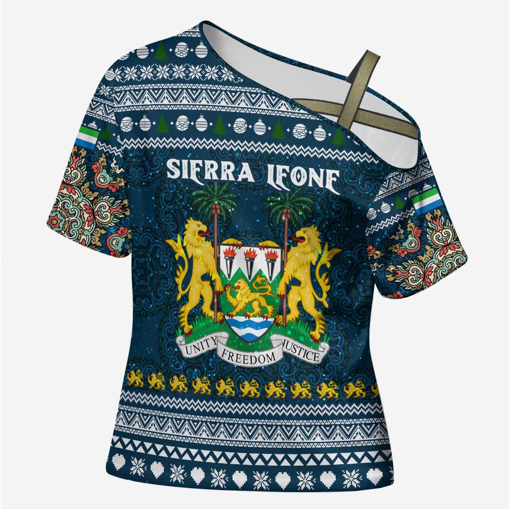 Sierra Leone Christmas Cross Shoulder Shirt with Ornamental Pattern, National Coat of Arms, and Festive Motif - Wonder Print Shop