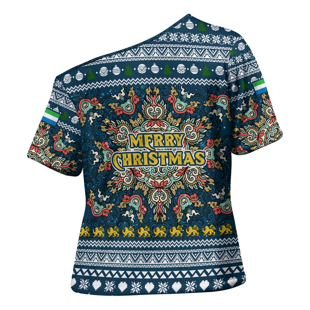 Sierra Leone Christmas Cross Shoulder Shirt with Ornamental Pattern, National Coat of Arms, and Festive Motif - Wonder Print Shop