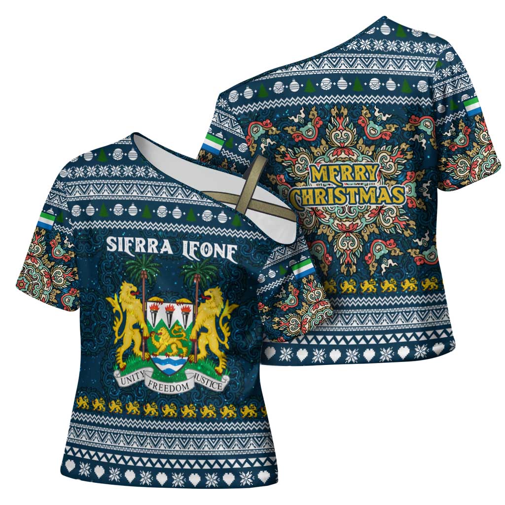 Sierra Leone Christmas Cross Shoulder Shirt with Ornamental Pattern, National Coat of Arms, and Festive Motif - Wonder Print Shop