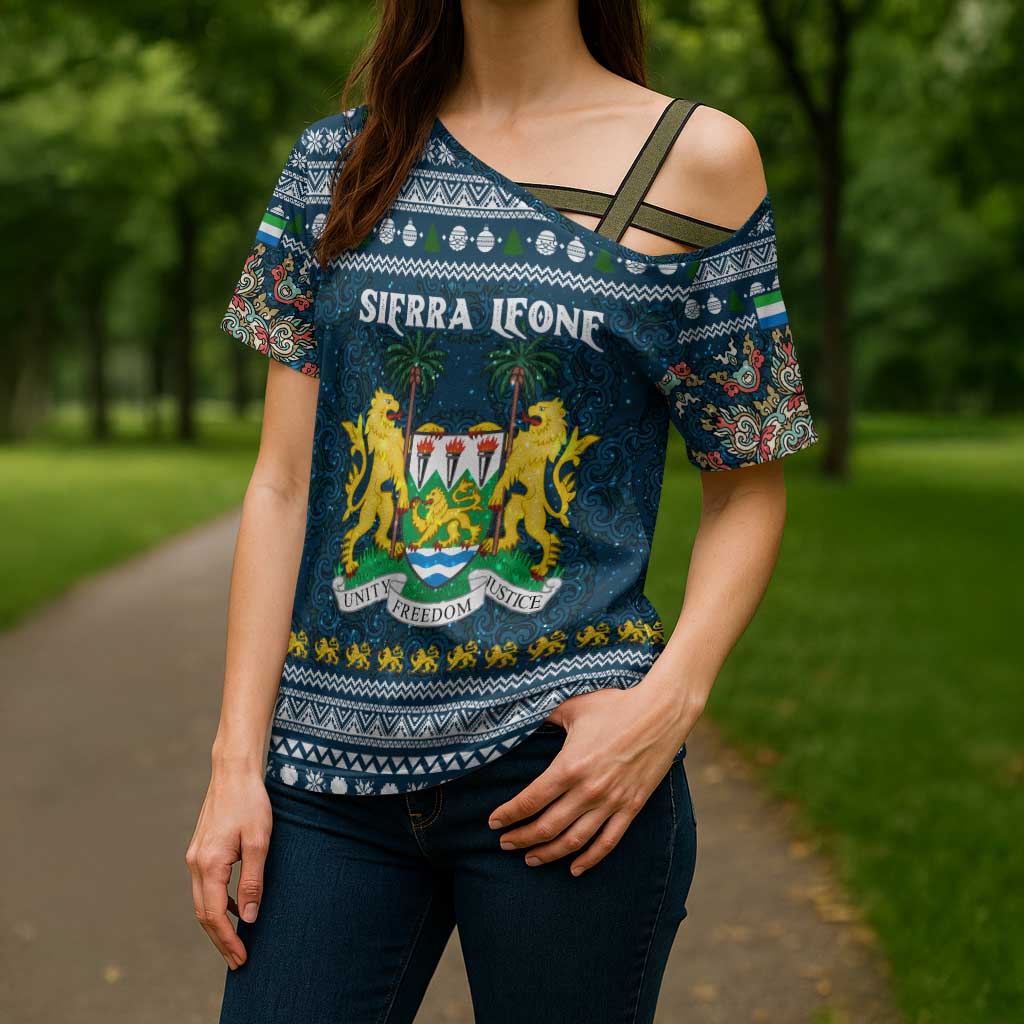 Sierra Leone Christmas Cross Shoulder Shirt with Ornamental Pattern, National Coat of Arms, and Festive Motif - Wonder Print Shop