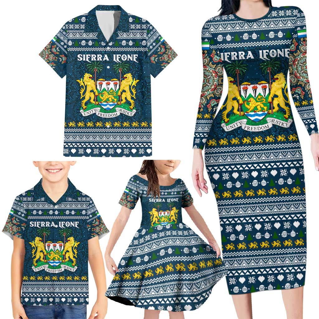 Sierra Leone Christmas Family Matching Long Sleeve Bodycon Dress and Hawaiian Shirt with Ornamental Pattern, National Coat of Arms, and Festive Motif - Wonder Print Shop