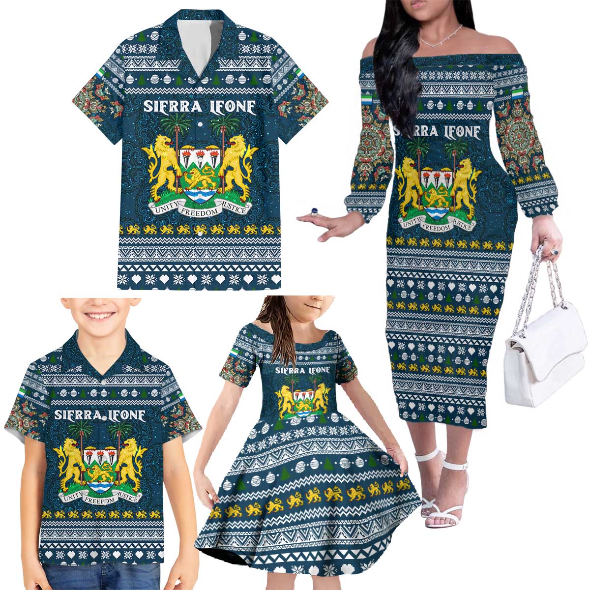 Sierra Leone Christmas Family Matching Off The Shoulder Long Sleeve Dress and Hawaiian Shirt with Ornamental Pattern, National Coat of Arms, and Festive Motif - Wonder Print Shop