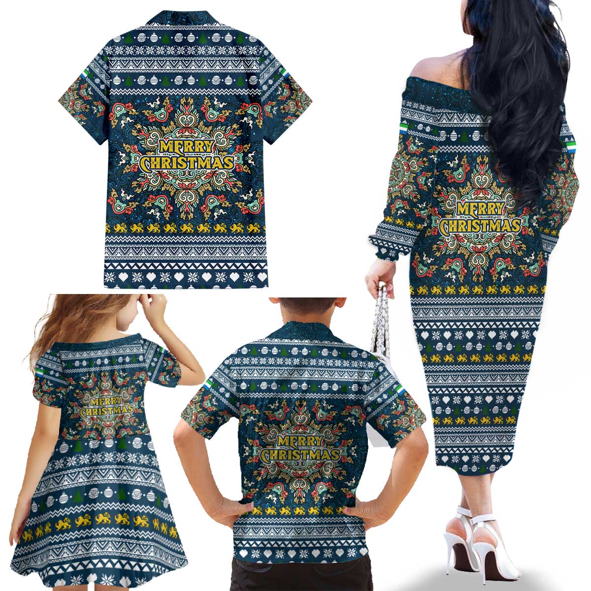 Sierra Leone Christmas Family Matching Off The Shoulder Long Sleeve Dress and Hawaiian Shirt with Ornamental Pattern, National Coat of Arms, and Festive Motif - Wonder Print Shop