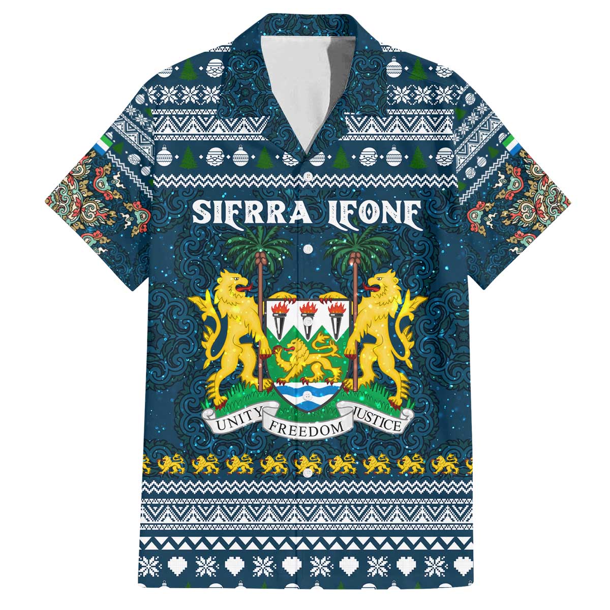 Sierra Leone Christmas Family Matching Off The Shoulder Long Sleeve Dress and Hawaiian Shirt with Ornamental Pattern, National Coat of Arms, and Festive Motif - Wonder Print Shop