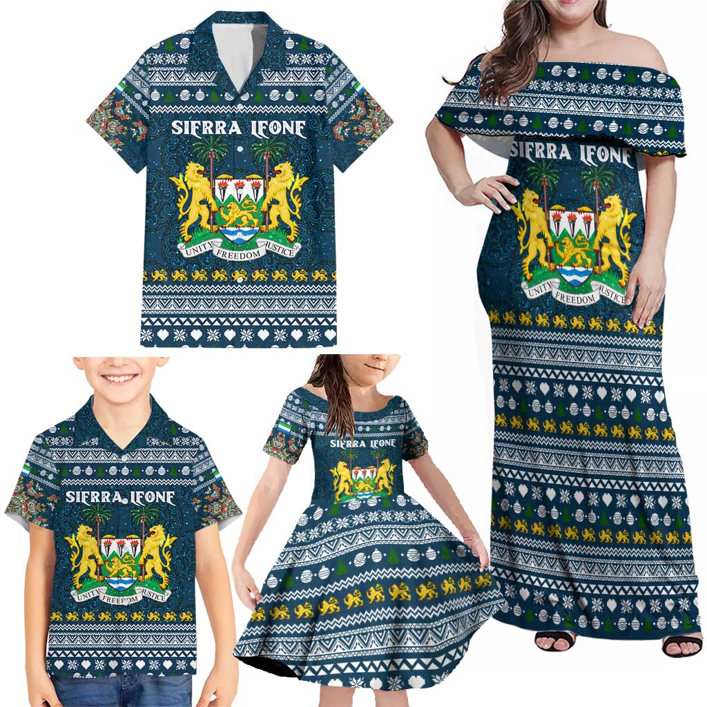 Sierra Leone Christmas Family Matching Off Shoulder Maxi Dress and Hawaiian Shirt with Ornamental Pattern, National Coat of Arms, and Festive Motif - Wonder Print Shop