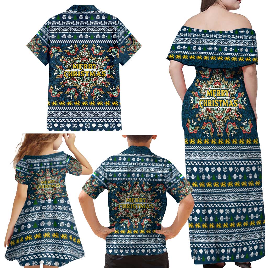 Sierra Leone Christmas Family Matching Off Shoulder Maxi Dress and Hawaiian Shirt with Ornamental Pattern, National Coat of Arms, and Festive Motif - Wonder Print Shop