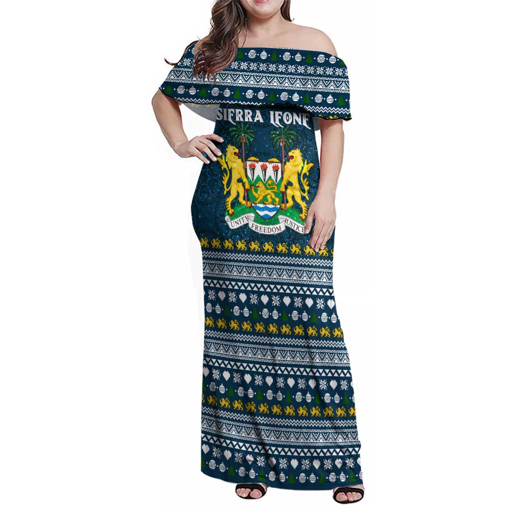 Sierra Leone Christmas Family Matching Off Shoulder Maxi Dress and Hawaiian Shirt with Ornamental Pattern, National Coat of Arms, and Festive Motif - Wonder Print Shop