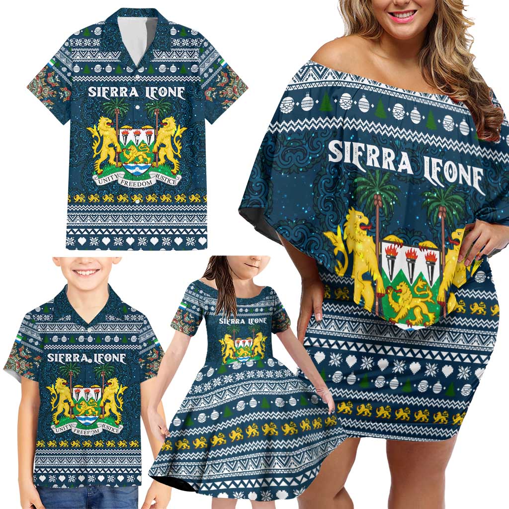 Sierra Leone Christmas Family Matching Off Shoulder Short Dress and Hawaiian Shirt with Ornamental Pattern, National Coat of Arms, and Festive Motif - Wonder Print Shop