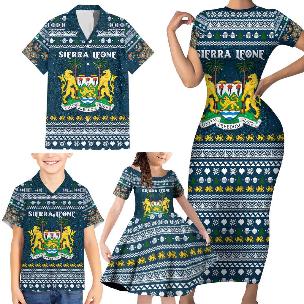Sierra Leone Christmas Family Matching Short Sleeve Bodycon Dress and Hawaiian Shirt with Ornamental Pattern, National Coat of Arms, and Festive Motif - Wonder Print Shop