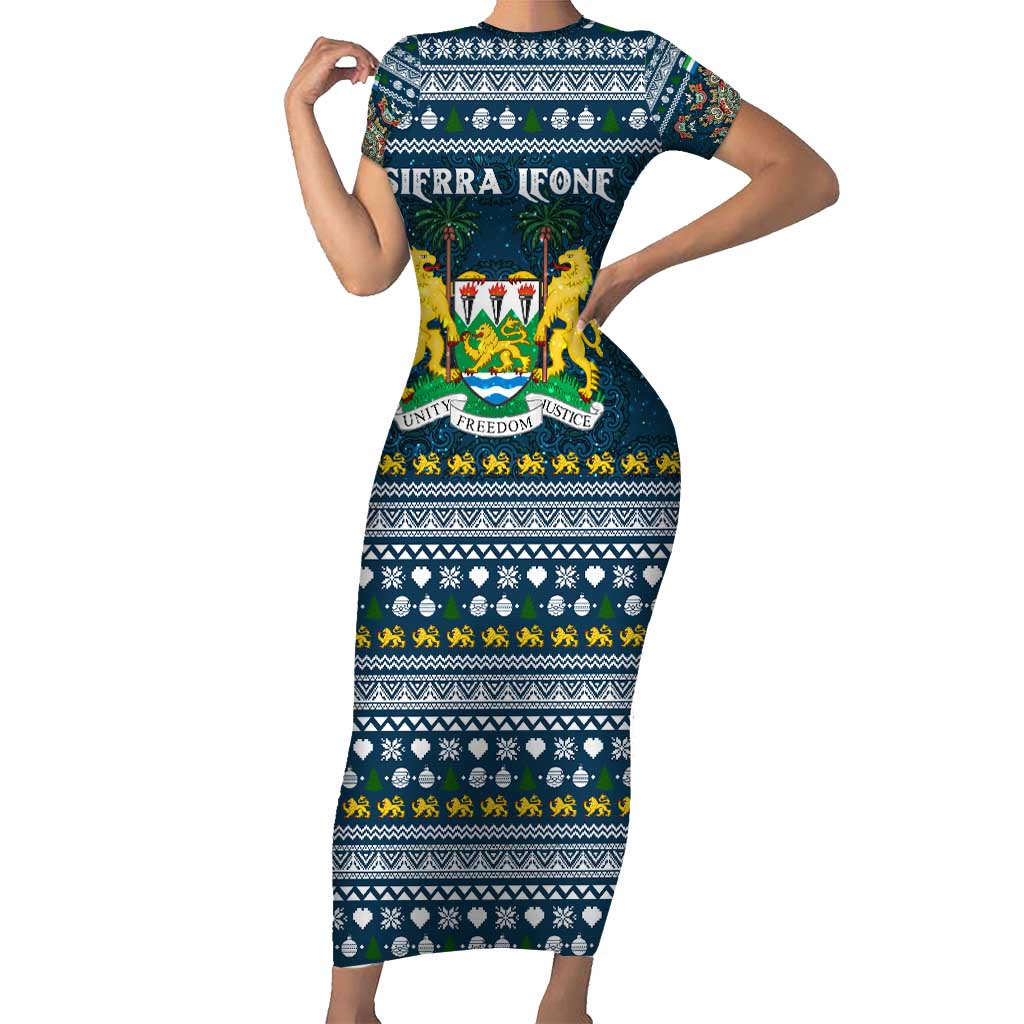 Sierra Leone Christmas Family Matching Short Sleeve Bodycon Dress and Hawaiian Shirt with Ornamental Pattern, National Coat of Arms, and Festive Motif - Wonder Print Shop