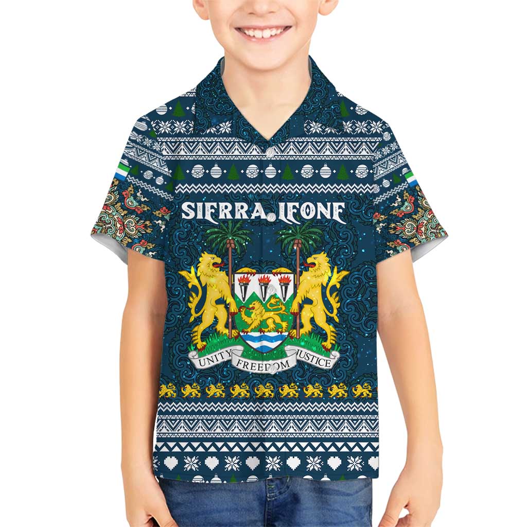 Sierra Leone Christmas Family Matching Summer Maxi Dress and Hawaiian Shirt with Ornamental Pattern, National Coat of Arms, and Festive Motif - Wonder Print Shop