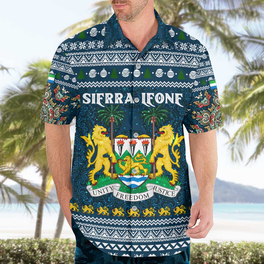 Sierra Leone Christmas Hawaiian Shirt with Ornamental Pattern, National Coat of Arms, and Festive Motif - Wonder Print Shop