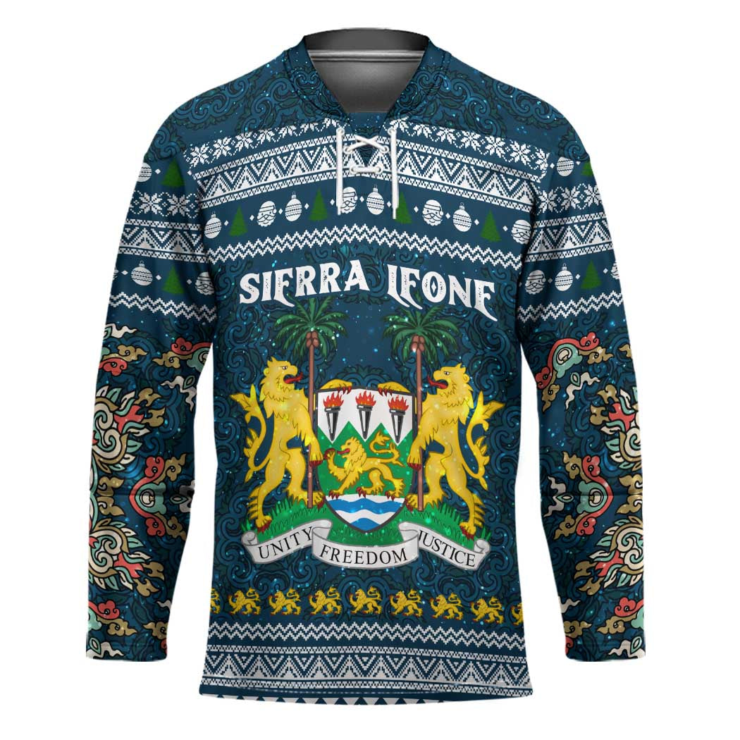 Sierra Leone Christmas Hockey Jersey with Ornamental Pattern, National Coat of Arms, and Festive Motif - Wonder Print Shop