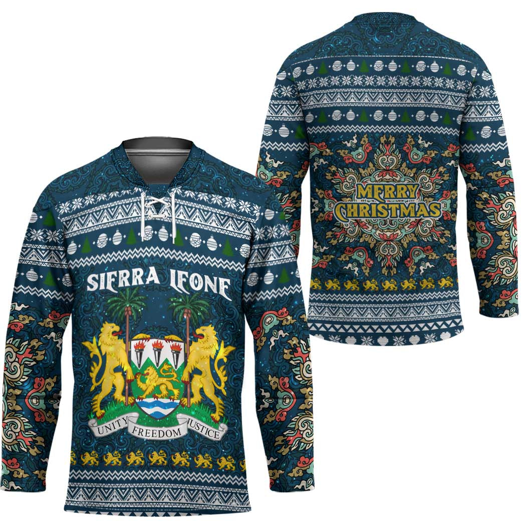 Sierra Leone Christmas Hockey Jersey with Ornamental Pattern, National Coat of Arms, and Festive Motif - Wonder Print Shop