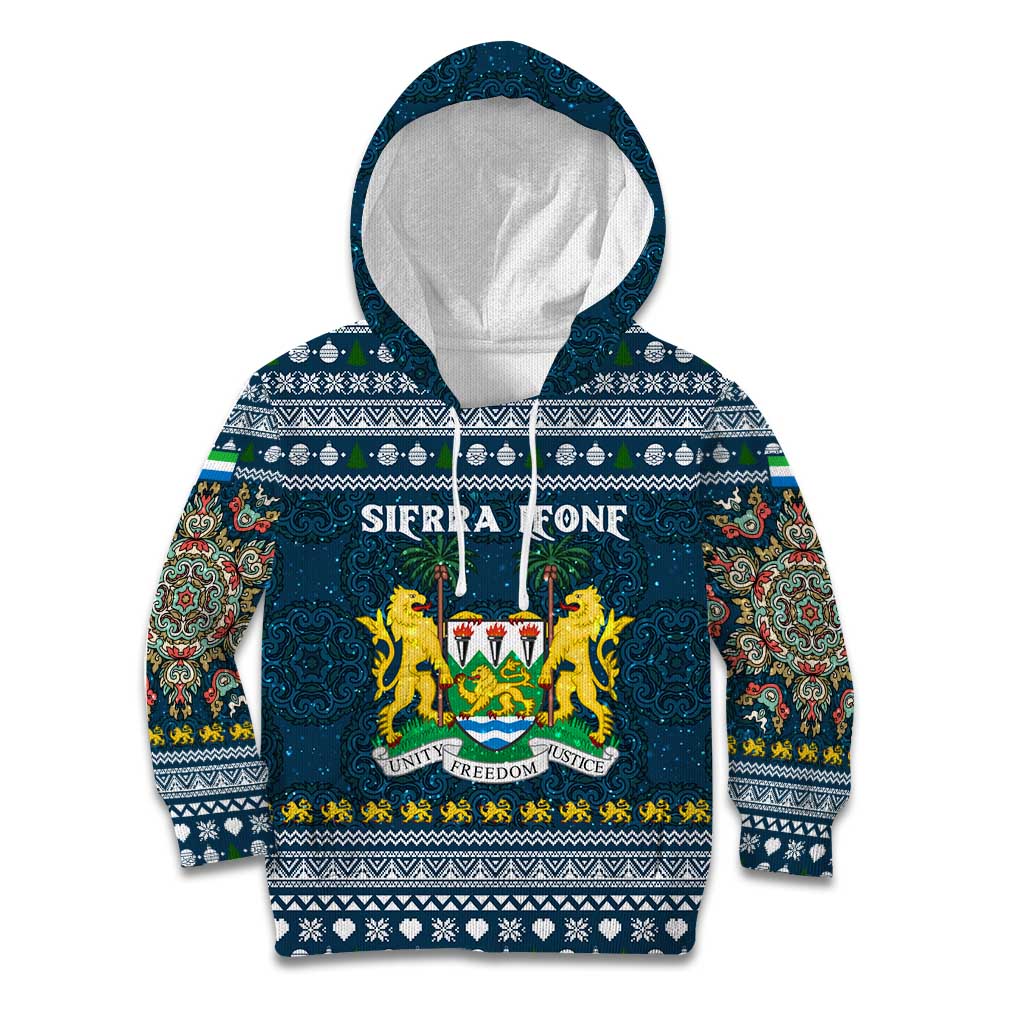 Sierra Leone Christmas Kid Hoodie with Ornamental Pattern, National Coat of Arms, and Festive Motif - Wonder Print Shop