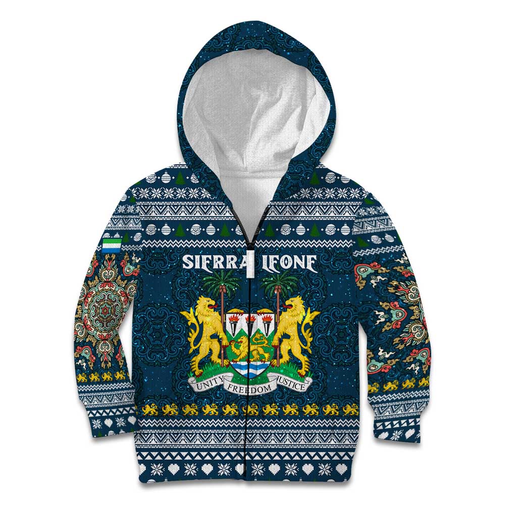 Sierra Leone Christmas Kid Hoodie with Ornamental Pattern, National Coat of Arms, and Festive Motif - Wonder Print Shop