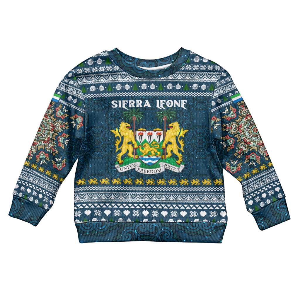 Sierra Leone Christmas Kid Ugly Christmas Sweater with Ornamental Pattern, National Coat of Arms, and Festive Motif - Wonder Print Shop