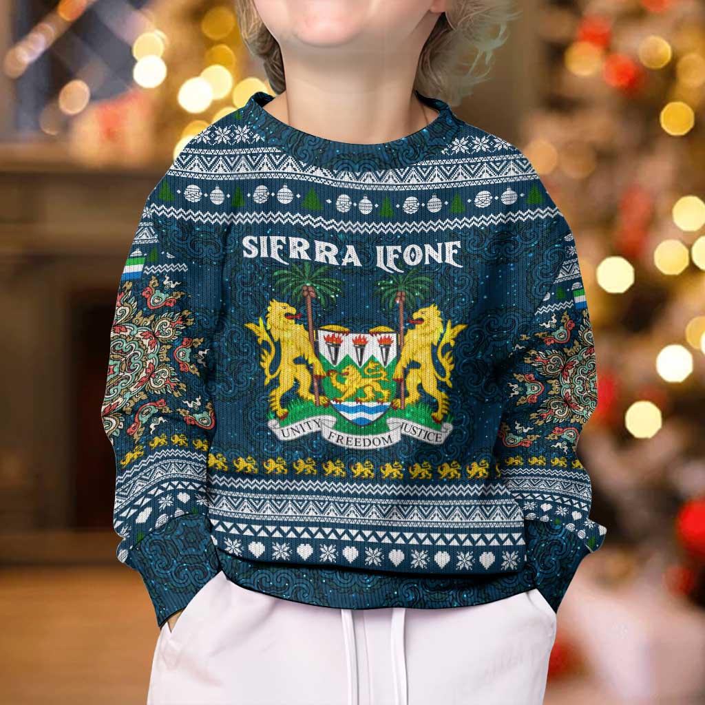 Sierra Leone Christmas Kid Ugly Christmas Sweater with Ornamental Pattern, National Coat of Arms, and Festive Motif - Wonder Print Shop