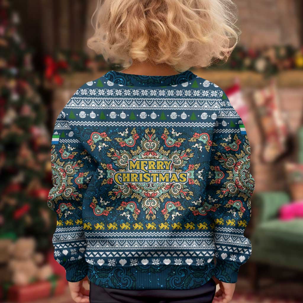 Sierra Leone Christmas Kid Ugly Christmas Sweater with Ornamental Pattern, National Coat of Arms, and Festive Motif - Wonder Print Shop