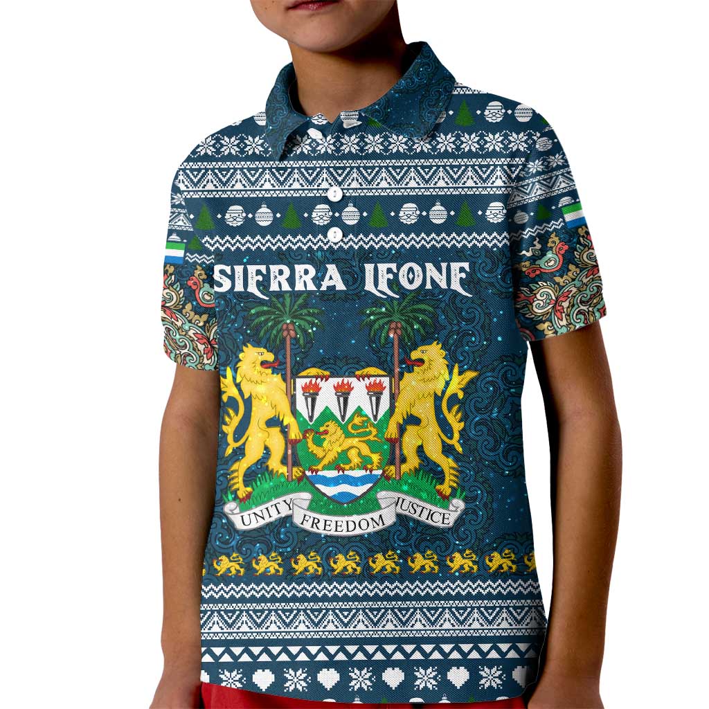 Sierra Leone Christmas Kid Polo Shirt with Ornamental Pattern, National Coat of Arms, and Festive Motif - Wonder Print Shop