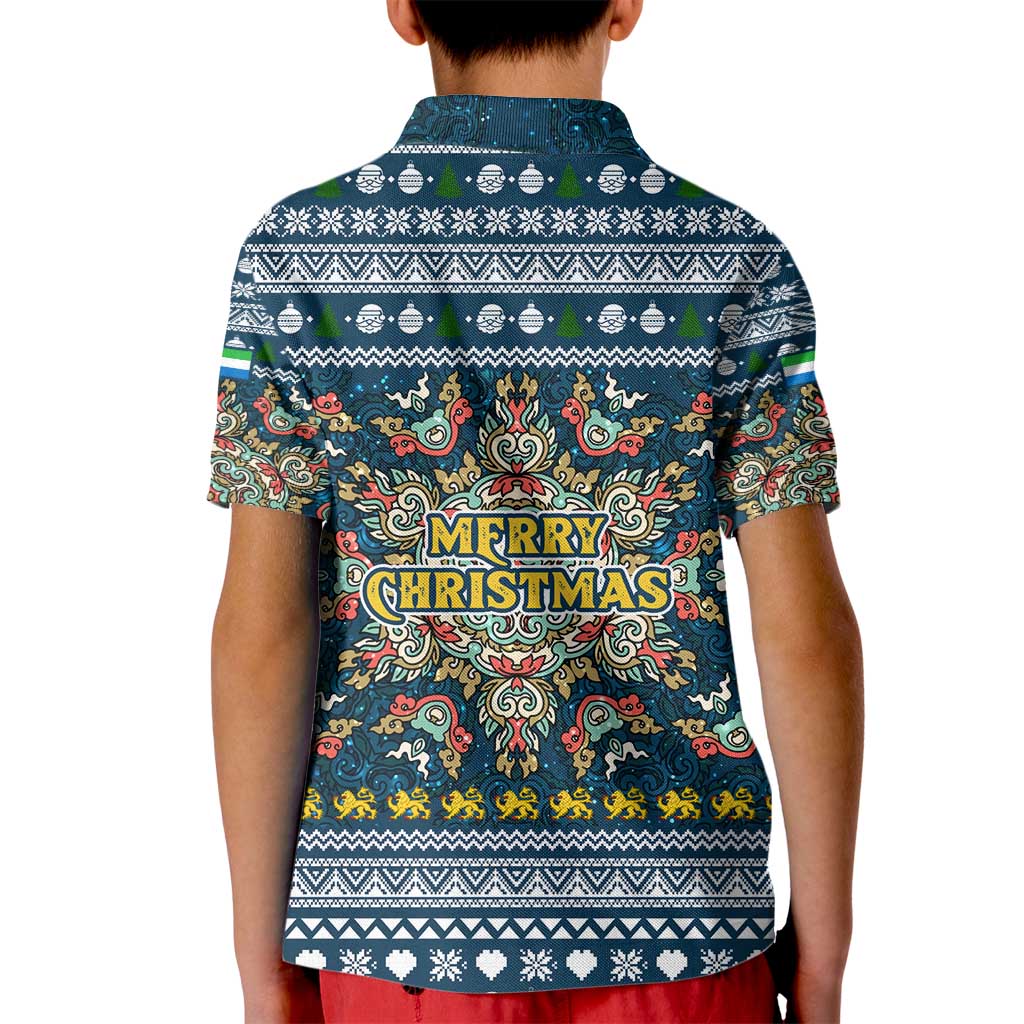 Sierra Leone Christmas Kid Polo Shirt with Ornamental Pattern, National Coat of Arms, and Festive Motif - Wonder Print Shop