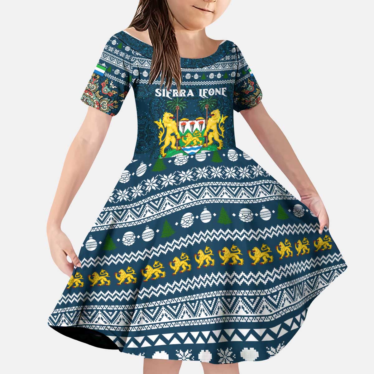 Sierra Leone Christmas Kid Short Sleeve Dress with Ornamental Pattern, National Coat of Arms, and Festive Motif - Wonder Print Shop