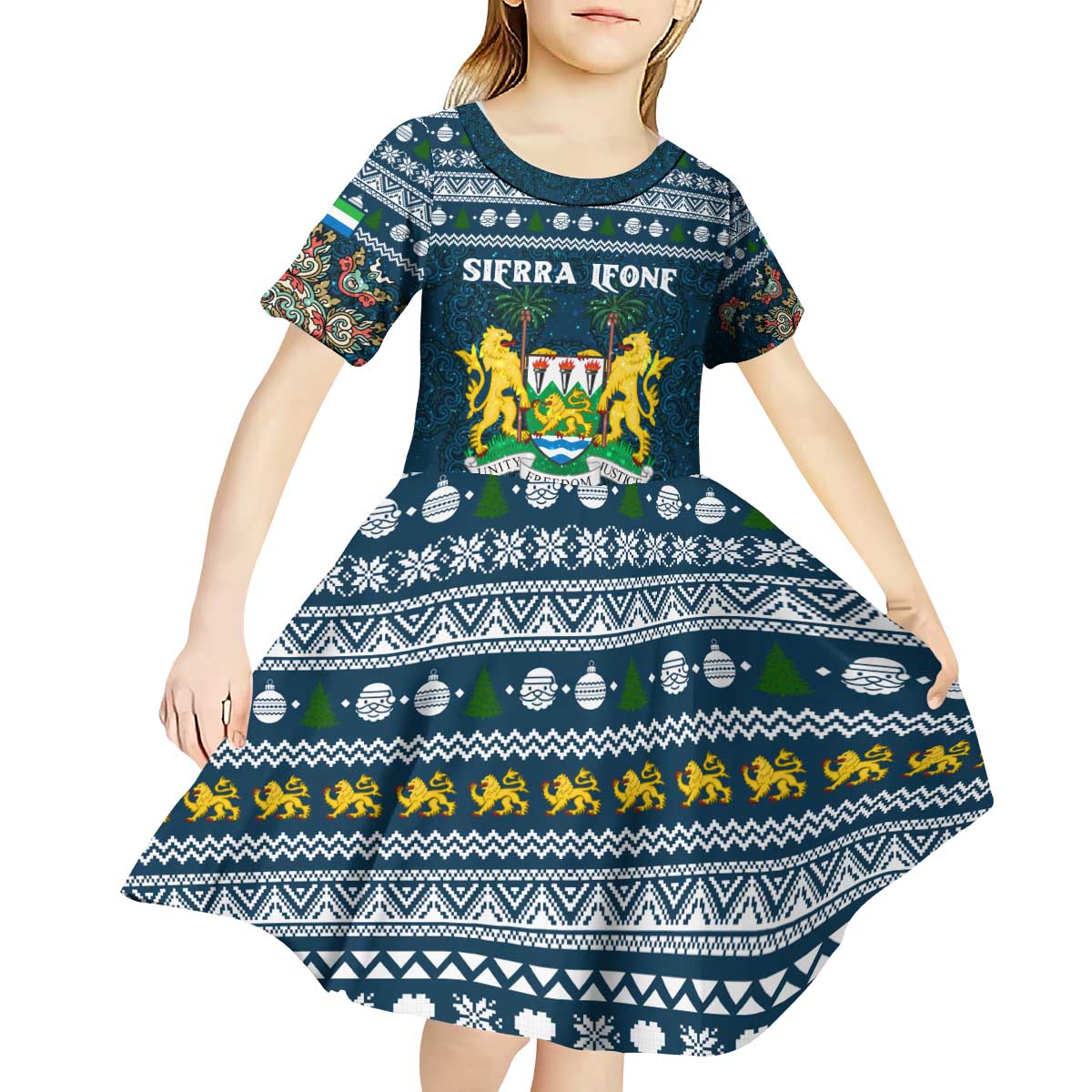 Sierra Leone Christmas Kid Short Sleeve Dress with Ornamental Pattern, National Coat of Arms, and Festive Motif - Wonder Print Shop