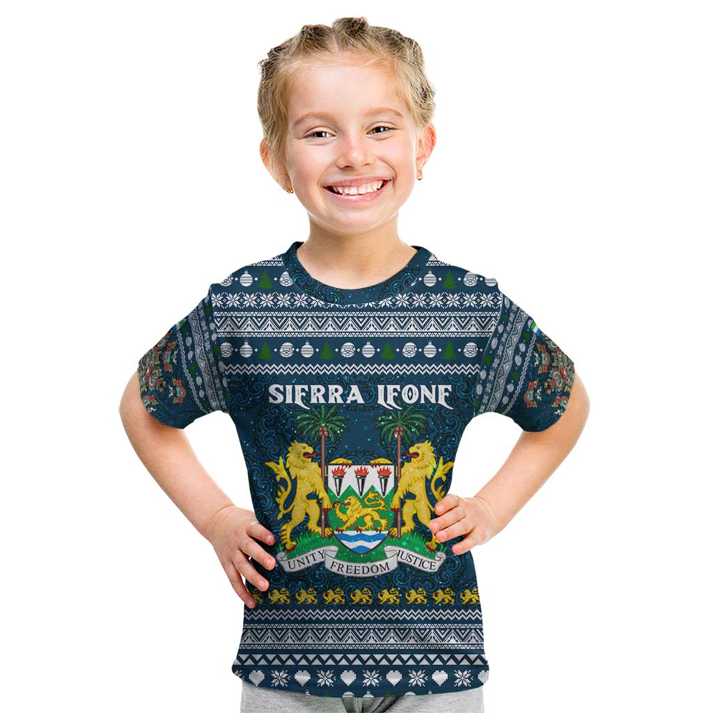 Sierra Leone Christmas Kid T Shirt with Ornamental Pattern, National Coat of Arms, and Festive Motif - Wonder Print Shop
