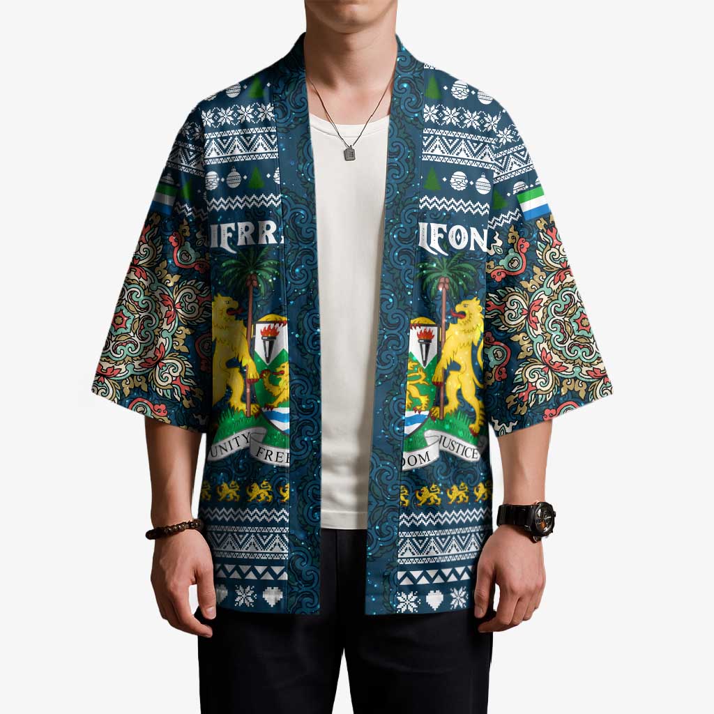 Sierra Leone Christmas Kimono with Ornamental Pattern, National Coat of Arms, and Festive Motif - Wonder Print Shop