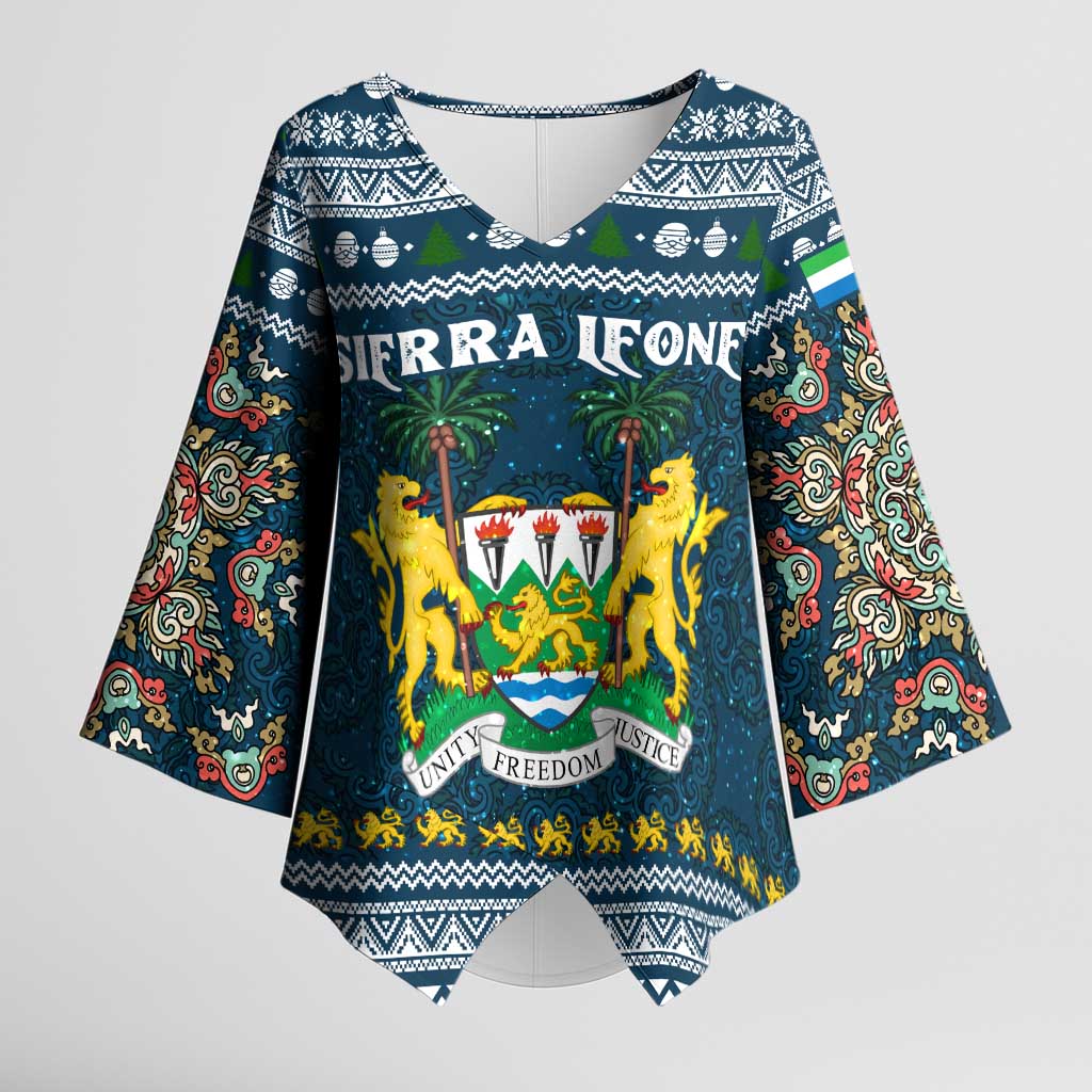 Sierra Leone Christmas Kimono Sleeve Blouse with Ornamental Pattern, National Coat of Arms, and Festive Motif - Wonder Print Shop